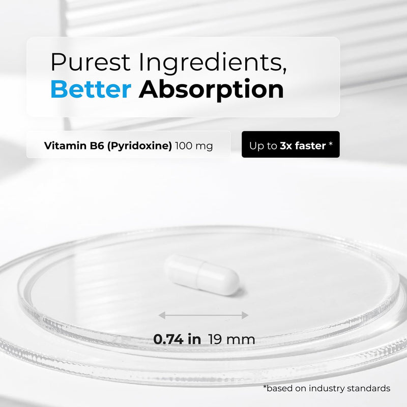 Biogenique Vitamin B6 100 mg - Capsules B6 Pyridoxin - Supports Energy Production & Metabolism - 2 Months Supply Vitamin B6 Supplement Made in Canada, Non-GMO, Vegan (60 Count) 60 Count (Pack of 1)