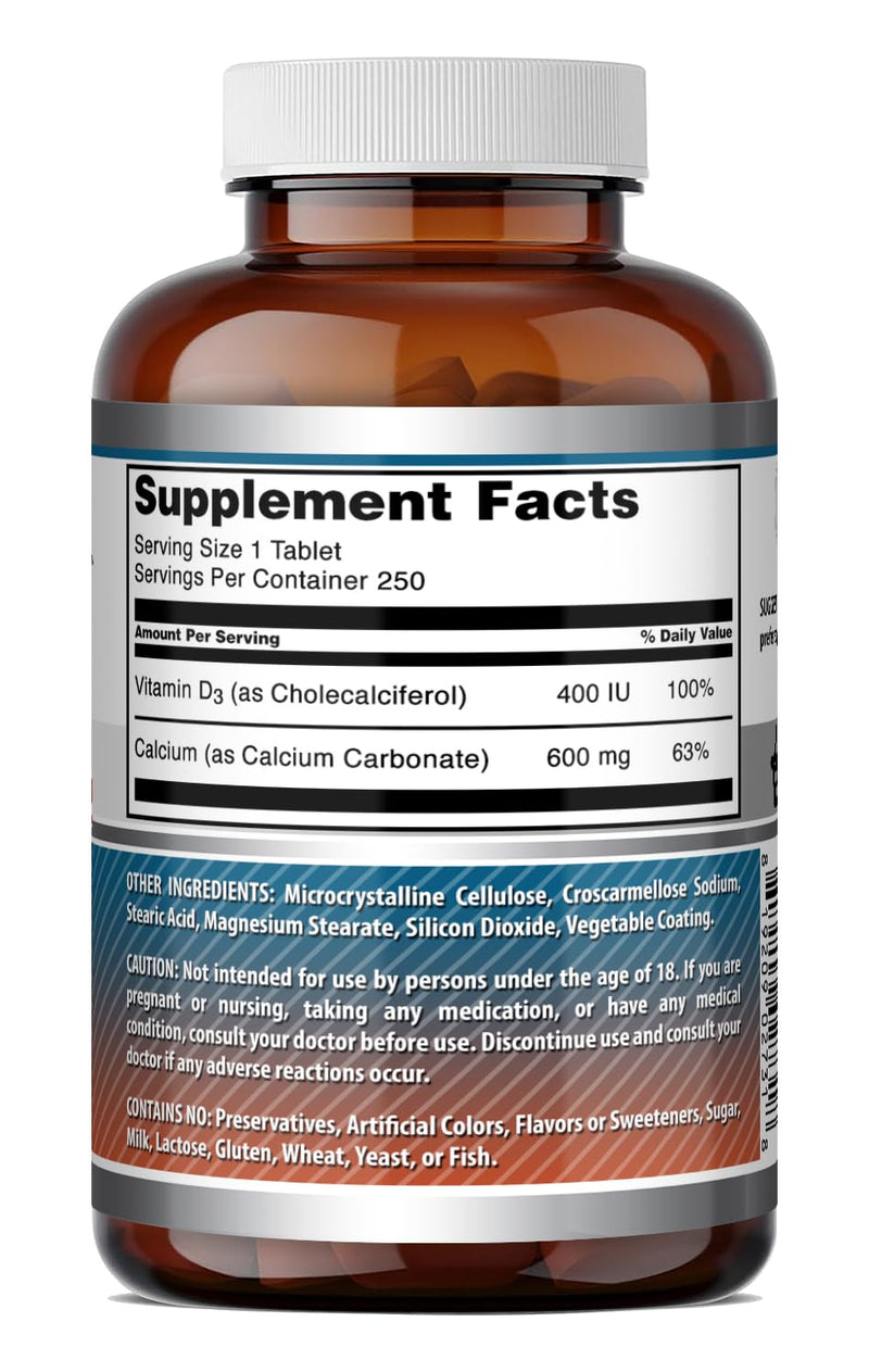 Amazing Formulas Calcium 600 Mg with Vitamin D3 400 IU Tablets Supplement - Non-GMO - Gluten Free - Made in the USA - 1 Pack 250 Count Unflavored | 250 Count | 1 Pack