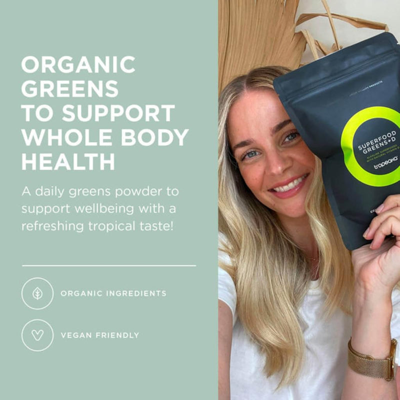 Tropeaka Superfood Greens + D - Antioxidant Green Powder for Energy, Immune System, & Gut Health, Rich in Chlorophyll & Essential Nutrients, Vitamin D, Vegan, Gluten Free, Non-GMO - 7oz (20 Servings)