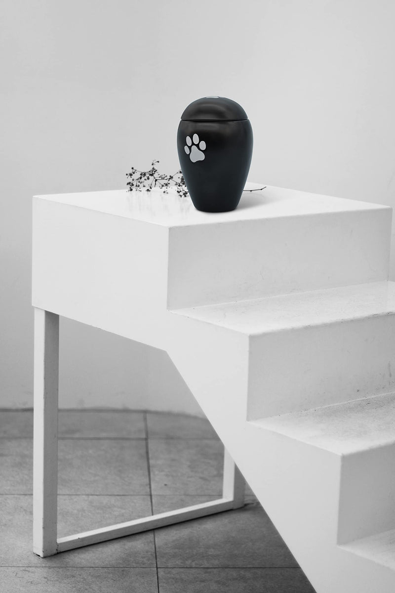 FeinKnick Devotional urn 1 liter for cats or dogs indoors and outdoors - handmade animal urn made of high-quality ceramic for dogs and cats in black with silver paw - weatherproof & for ashes - BeesActive Australia