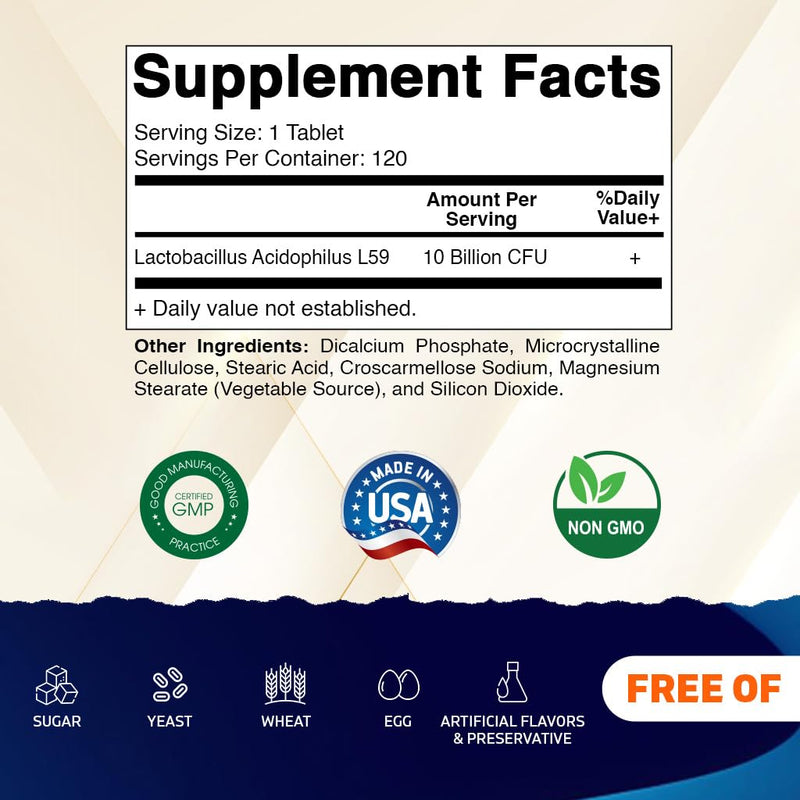 Vitamatic Acidophilus Probiotic - 10 Billion CFU - 5X Potency - Daily Probiotic Supplement, Supports Digestive Health - 120 Tablets 120 Count (Pack of 1)