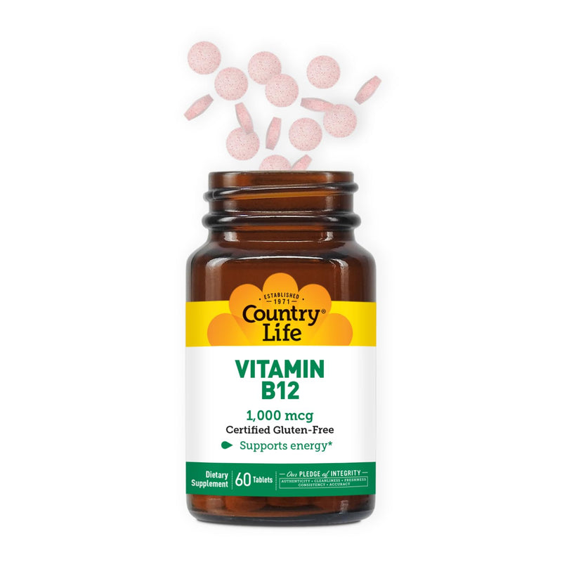 Country Life Vitamin B12 1,000 mcg, Vegan Energy Support, 60 Tablets | One daily tablet supports normal nervous system function and red blood cell formation 60 Count (Pack of 1)