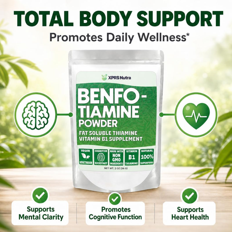 XPRS Nutra Benfotiamine Powder (Thiamine) - Fat Soluble Happy Heart Thiamine Supplement - Advanced Vitamin B1 Benfotiamine for a Cognitive Boost - Vegan Friendly Benfotamine Powder (2 Ounce)