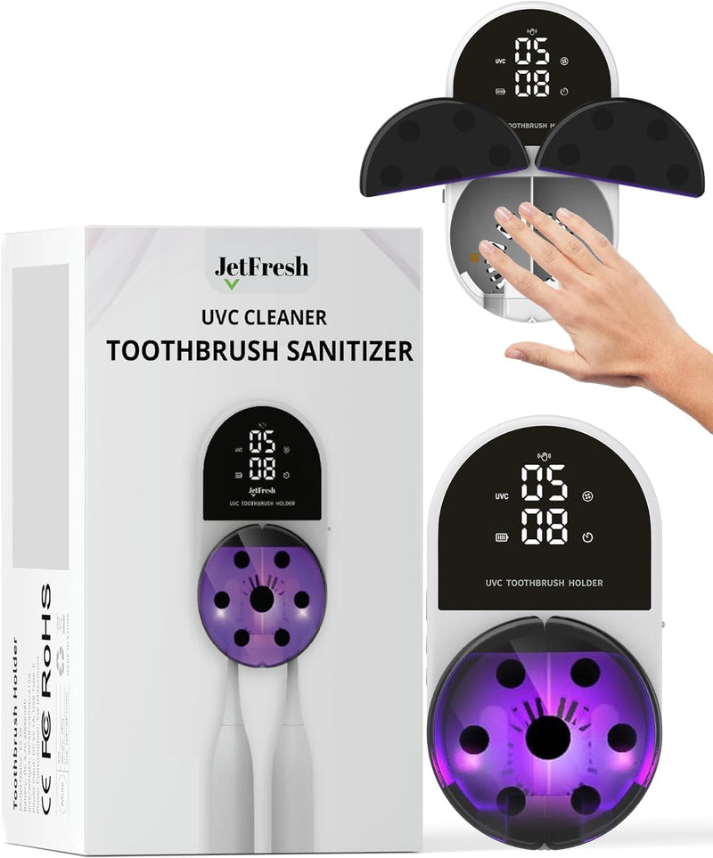Jetfresh UV Toothbrush Sanitizer and Holder with Fan Drying | Wall Mounted UV-C Toothbrush Cleaner | Tooth Brush Sanitizer Holder Auto Shut-Off, USB Rechargeable, Fits All Brushes. Sx-9 White