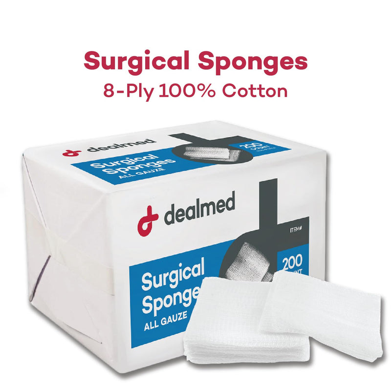 Dealmed 4" x 4" Surgical Sponges, 8-Ply, Non-Woven Absorbent Gauze Sponges for Wound Care, First Aid Kits and Medical Facilities, 200 Count (Pack of 4) 4” x 4” 4 Pack - BeesActive Australia