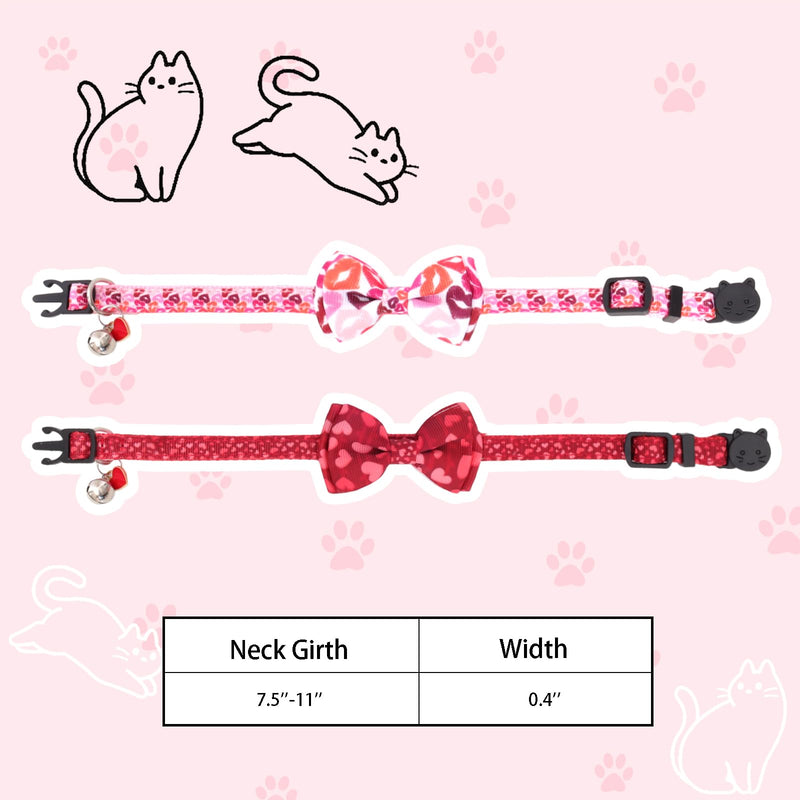 2Pcs Valentine's Day Cat Collars Holiday Breakaway Loving Heart Kitty Kitten Collars Breakaway Cat Bowtie Collars Red Pink Heart Pattern Collars with Cute Bow Tie Bell for Cats Kittens Valentine's Day Pattern 7.5''-11'' - BeesActive Australia