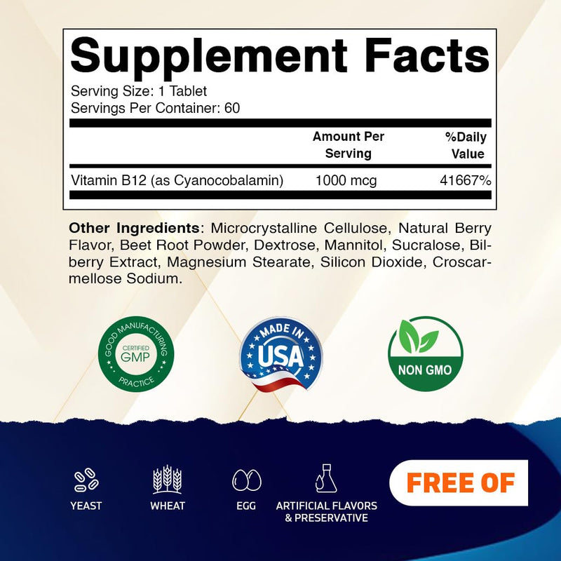 Vitamatic Vitamin B12 1000 mcg Fast Dissolve – 60 Tablets – Natural Berry Flavor – Supports Energy Metabolism & Nervous System Health (Pack of 2) 60 Count (Pack of 2)