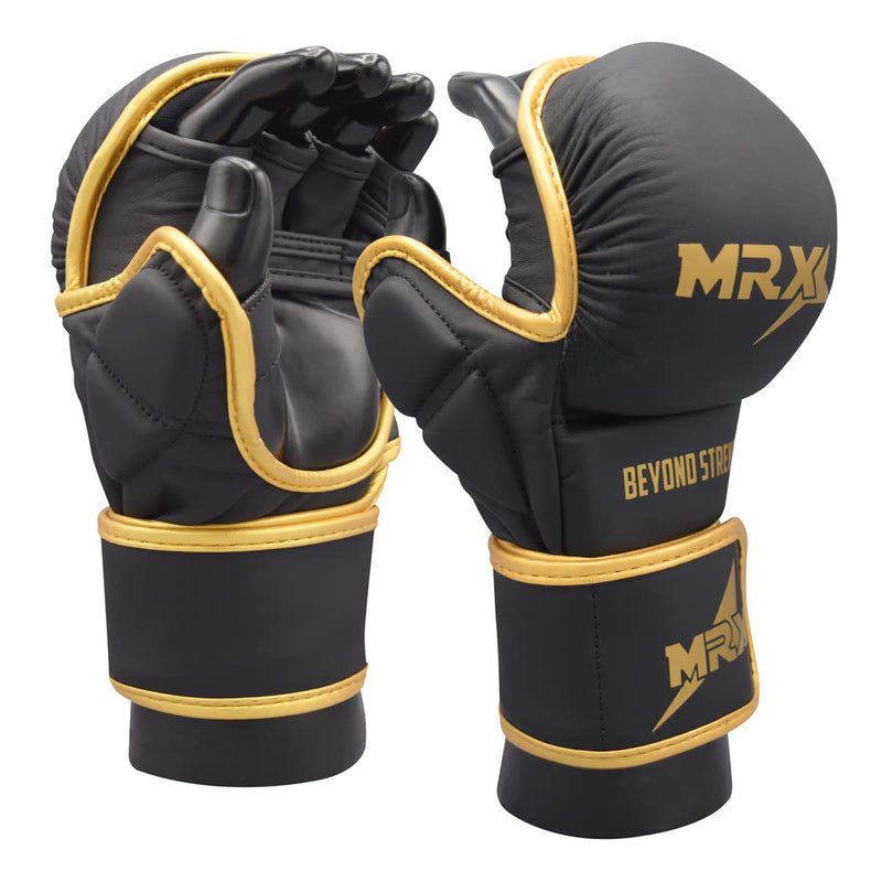 MRX MMA Professional Protective Grappling Gloves 7oz Muay Thai Training Kickboxing Punching Sparring Sports Cage Fighting Combat Glove Boxing Punching Glove Mitts Black Golden S/M