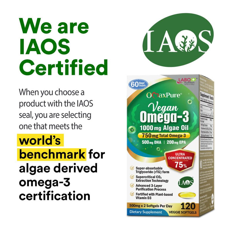 LABO Nutrition OmaxPure Vegan Omega-3 Algae Oil IAOS EPA DHA 120 softgels | IAOS certified 750mg omega-3 from 1000mg algae oil, for heart, brain & eye health, up to 60 days' supply