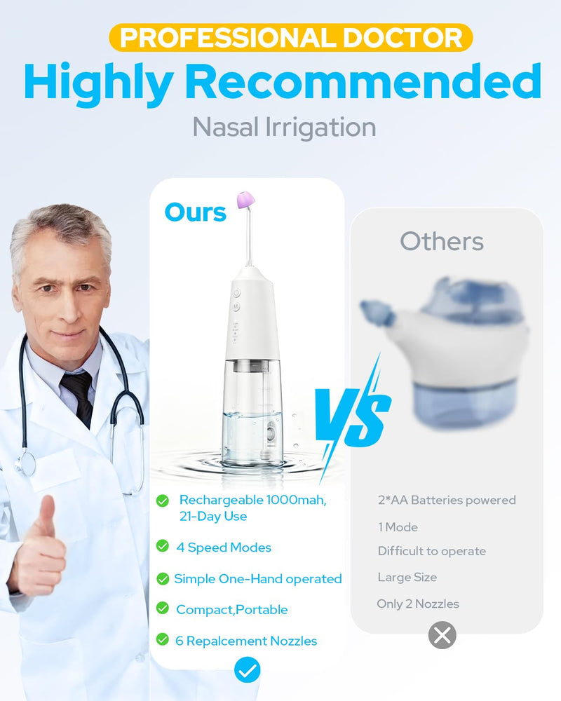 Nasal Irrigation System with 40 Saline Packets, 15s Quick Relief, Nettie Pot Sinus Rinse with 4 Speeds, 1000mah USB-C Charging, 6 Nozzles for Kid Adult, IPX7 Waterproof, Congestion Pressure Relief - BeesActive Australia