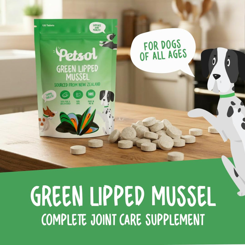 Green Lipped Mussel for Dogs, 120 Tablets. With Natural Joint Supplements for Dogs Glucosamine, Chondroitin and Omega 3 for Hip & Joint Care, Mobility & Vitality in Adult and Senior Dogs