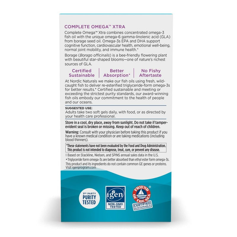 Nordic Naturals Complete Omega Xtra, Lemon - 60 Soft Gels - 1360 mg Omega-3 + 76 mg GLA - Healthy Skin - Cognition - Non-GMO - 30 Servings Standard Packaging - BeesActive Australia