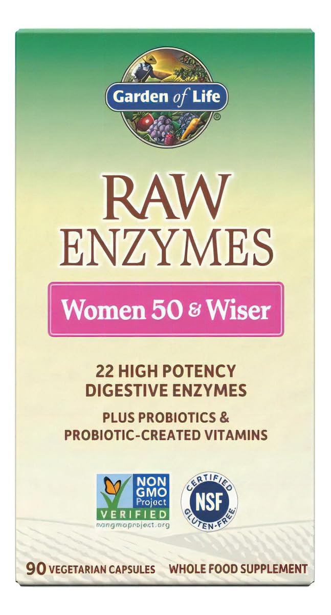 Garden of Life 22 Digestive Enzymes for Women 50 & Over with Bromelain, Papain & Lactase plus Probiotics & Vitamins B12, Biotin & Zinc – RAW Enzymes – Non-GMO, Gluten-Free, Vegetarian, 90 capsules | Digestive Enzymes for Women with Probiotics, Bromelai...