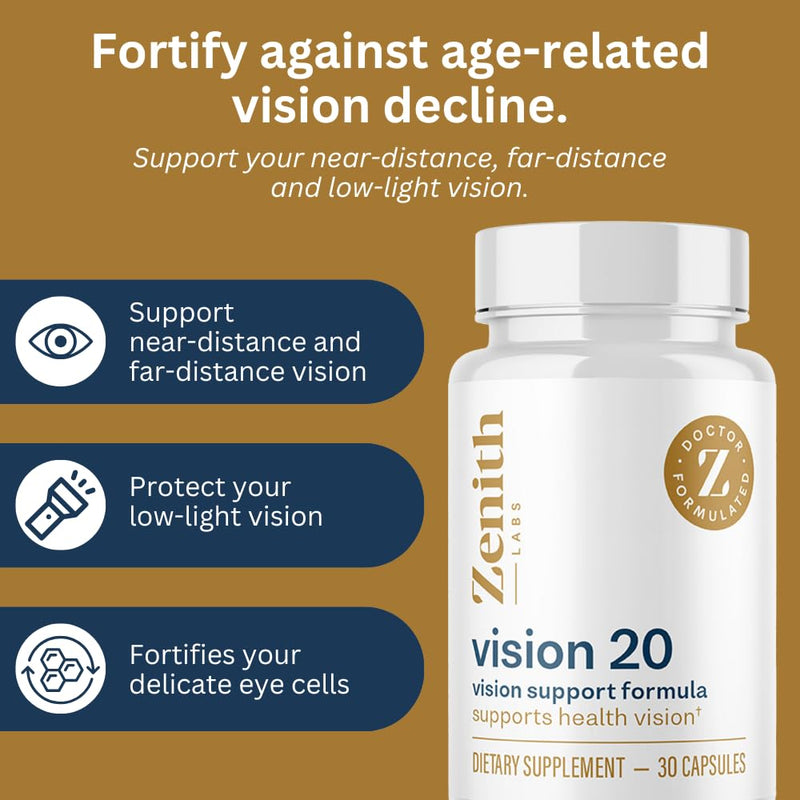 Vision 20 Eye Vitamins - Lutein, Zeaxanthin, and Bilberry Extract - Supports Eye Strain, and Eye Health - Carotenoid Blend 30 Count (Pack of 1)