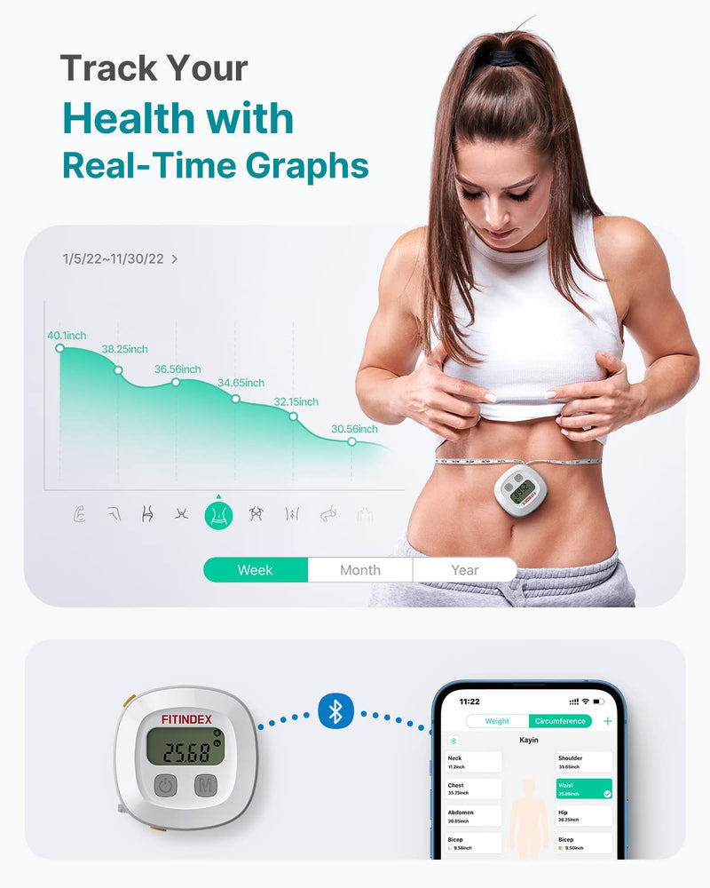 FITINDEX Smart Measuring Tape for Body, Accurate Digital Bluetooth Body Tape Measure for Weight Loss, Fitness, Body Building, Retractable Tape for Measuring Waist, Hip, Bust, Arms - BeesActive Australia