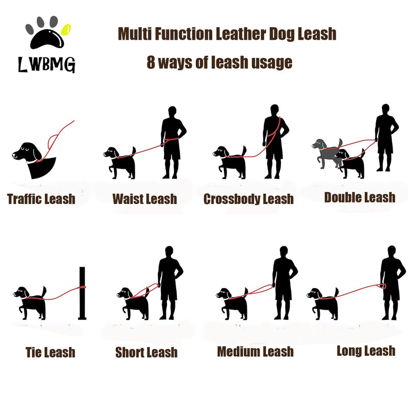 LWBMG Multi Function Leather Dog Leash 8ft Genuine Leather Leash for Dogs Hands Free Pet Leashes Double Ended Pet Training Leashes for Small Medium Large Dogs 8ft x 1/2inch Brown - BeesActive Australia