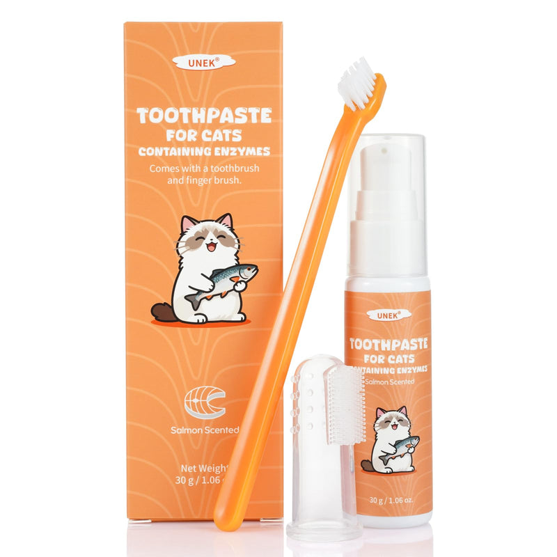 UNEK Cat Dental Care Set – Enzymatic Toothpaste 30g with Salmon Flavor, Including Toothbrush & Finger Brush, Helps Reduce Plaque & Bad Breath
