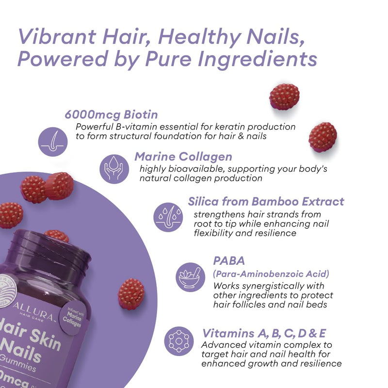 Hair Skin and Nails Vitamins for Women – Extra Strength 6000mcg Biotin Hair Gummies with Marine Collagen, Vitamin E, A, C & PABA for Hair Growth, Healthy Skin & Nails – Made in US, Passion Fruit, 60ct 60 Count (Pack of 1)