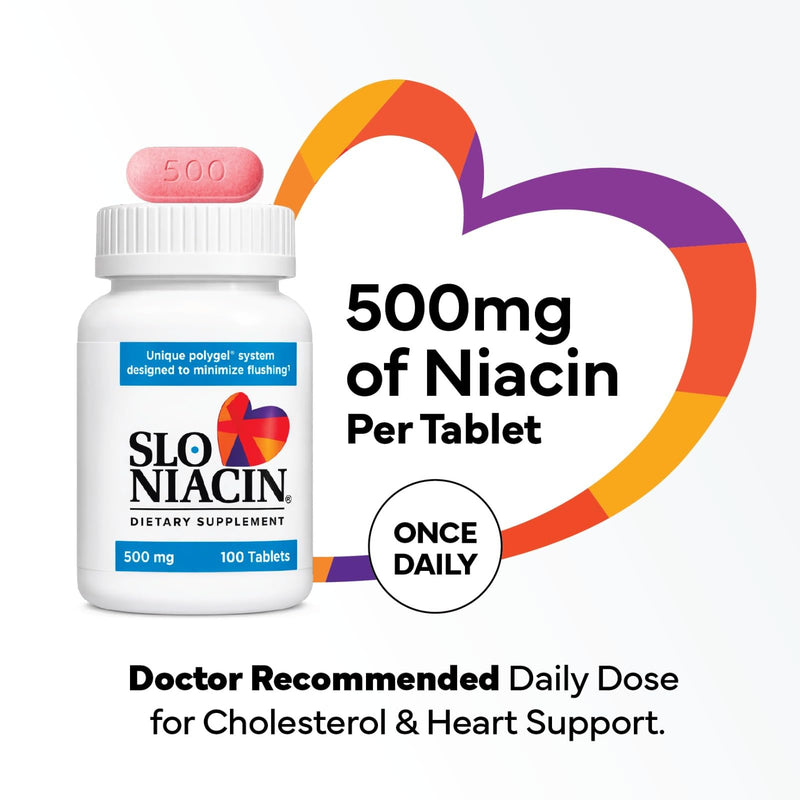 Slo-Niacin Slow Release Niacin 500mg – Vitamin B3 Supplement for Heart Wellness – Flush-Free B3 Vitamins for Cholesterol & Cardiovascular Support – 100 Tablets