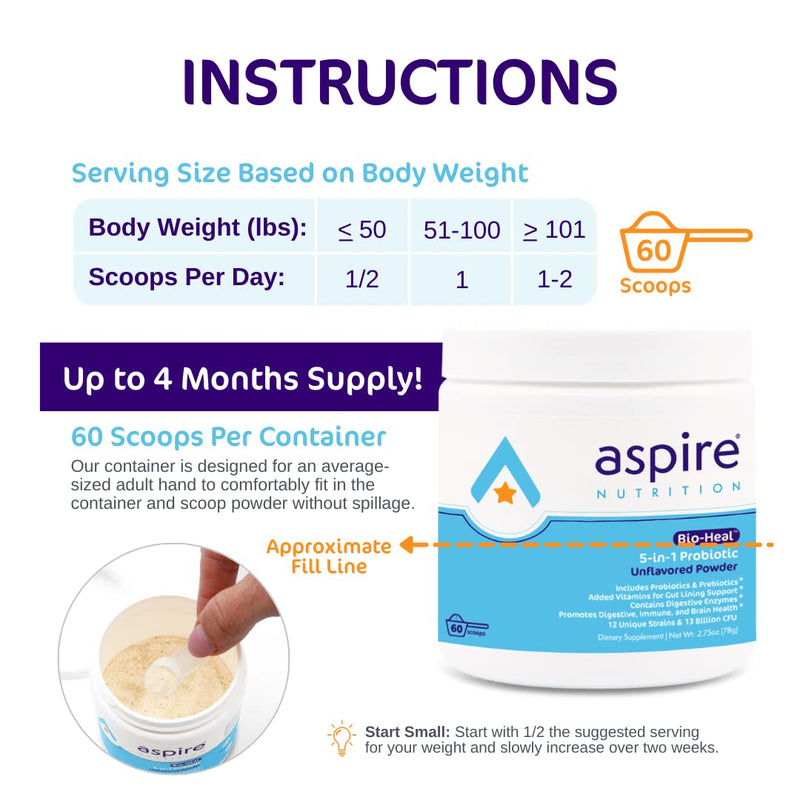 Aspire Nutrition 5-in-1 Bio-Heal® Probiotic Powder for Kids, Men & Women | SUPPORTS BRAIN FUNCTION, GUT HEALTH & REGULARITY: Shelf stable and fortified with vitamin, mineral, and prebiotic fiber Probiotic for Kids Powder