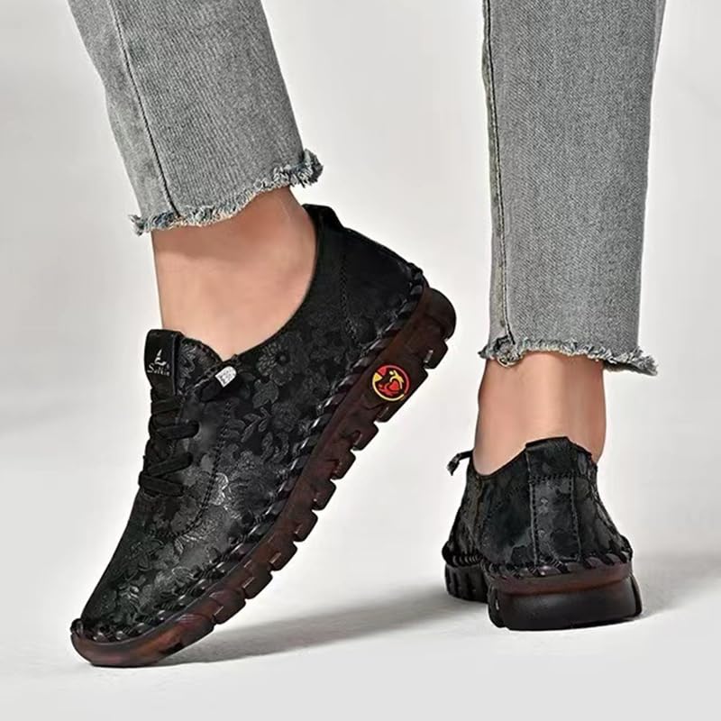 Women's Leather Soft Bottom Flat Slip-on Loafers Fashion Handmade Floral Embroidery Walking Shoes Comfort Orthopedic 4D Pain Relief Casual Shoes Pink 9