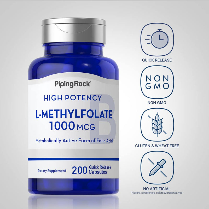 Piping Rock L Methylfolate Supplement | 1000 mcg | 200 Capsules | Active Form of Folic Acid | Non-GMO, Gluten Free
