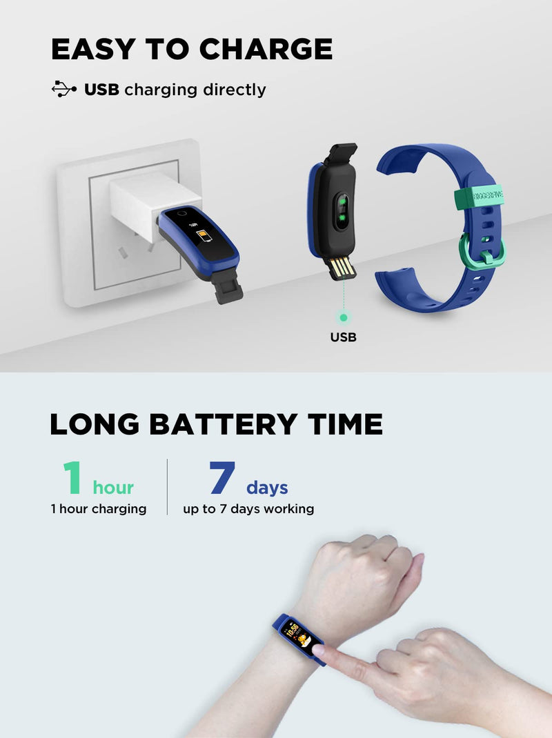 BIGGERFIVE Vigor Kids Fitness Tracker for Girls & Boys Ages 5-15, Kids Watch with IP68 Waterproof, Pedometer, Activity Tracker with Heart Rate & Sleep Monitor, Calorie & Step Counter Watch Blue - BeesActive Australia