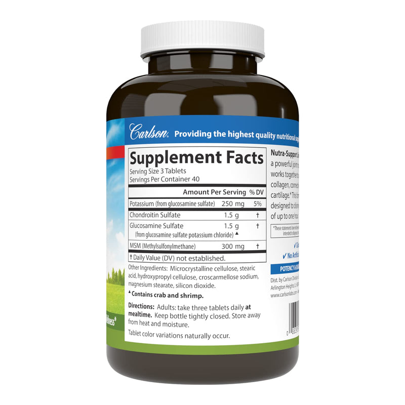 Carlson Nutra-Support Joint, Glucosamine, Chondroitin, 120 Tablets | MSM; Joint Function; Cartilage Support Optimal Wellness