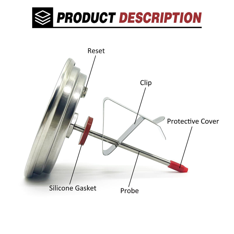 3.3” Large Thermometer Replacement for Big Green Egg Grill, Accurate Temp Gauge Probe w/Recalibrated Function, Waterproof Temperature Gauge for BGE Accessories, SUS304 Stainless Steel Dome Thermostat