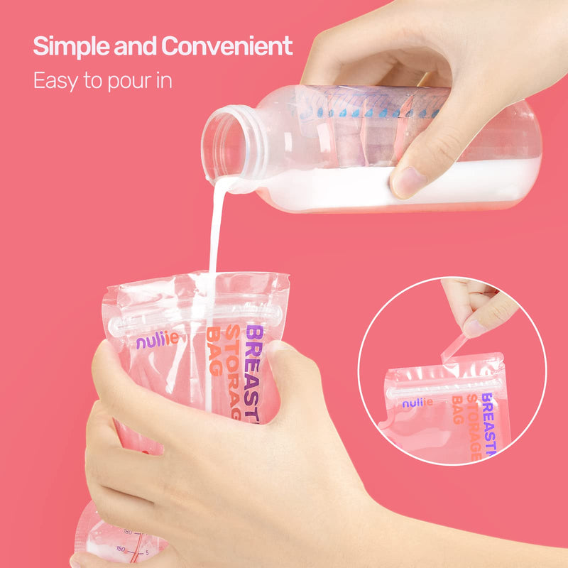 Nuliie 120 Pcs Breastmilk Storage Bags, 8 OZ Breast Milk Storing Bags, BPA-Free, Milk Storage Bags with Pour Spout for Breastfeeding, Self-Standing Bag, Space Saving Flat Profile 120 Count (Pack of 1) - BeesActive Australia