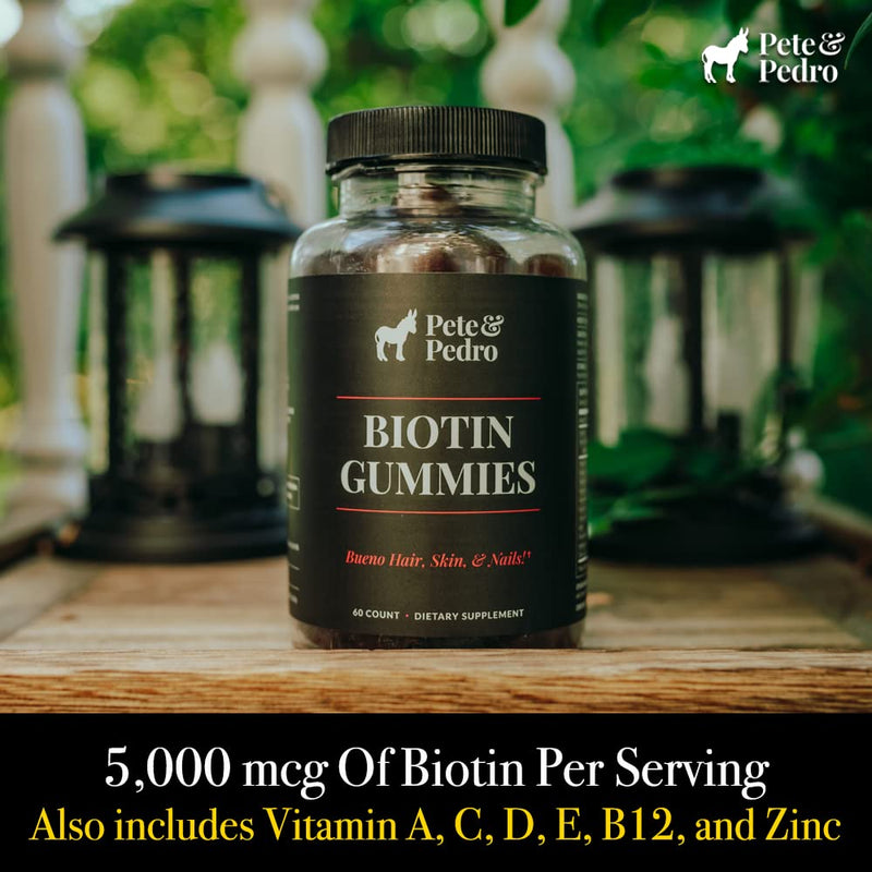Pete & Pedro Biotin Gummies Supplements for Hair, Skin, Nails, 60 Count | Cherry-Flavored Hair Strengthening Biotin Gummies For Hair, Skin, And Nails With 5000mcg Per Serving, For Men & Women