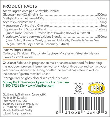 Vet's Best Advanced Hip & Joint Dog Supplements | Formulated with Glucosamine and Chondroitin to Support Dog Joint and Cartilage Health | 90 Chewable Tablets - BeesActive Australia