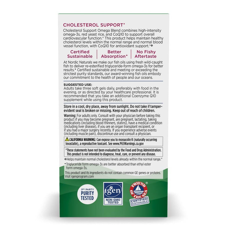 Nordic Naturals Cholesterol Support, 975mg Omega-3 + Red Yeast Rice + CoQ10 | Red Yeast Rice supports healthy LDL cholesterol naturally. EPA & DHA omega-3s for heart health. Lemon. Non-GMO. 20 servings.