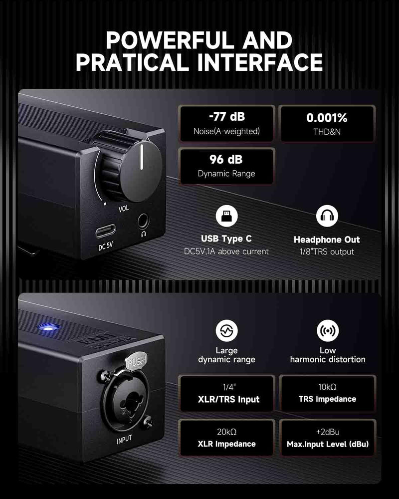 Donner EM1 Portable Analog Headphone Amplifier, Rechargeable in-Ear On-Ear Monitor Amplifier Stereo Headset Earphone Amp, with Volume Control, Audio Booster, XLR, TRS Input, 3.5mm Output Jack, Black