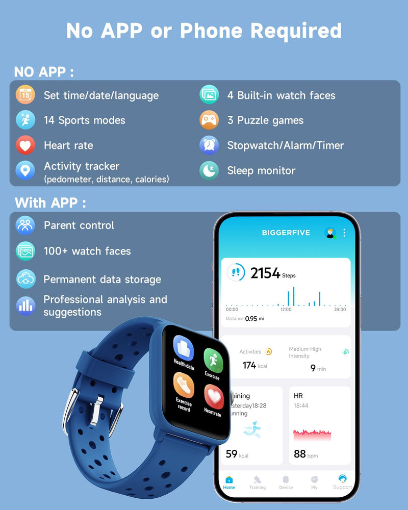 BIGGERFIVE Smart Watch for Kids Without APP, Fitness Tracker Watch Pedometer, Heart Rate, 5ATM Waterproof, Sleep Monitor, Calorie Step Counter, Games, Alarm Clock for Boys Girls 5-14, Porous Blue