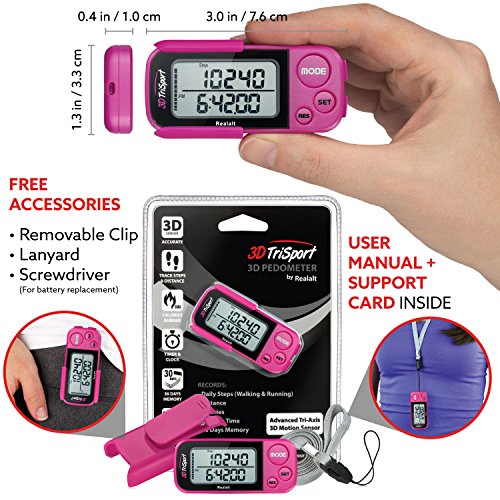 Realalt 3DTriSport 3D Walking Pedometer with Clip & Strap, Accurate Step Counter with 30-Day Memory, Distance in Miles/KM with Large Display Perfect for Seniors & Beginners, eBook Included Magenta