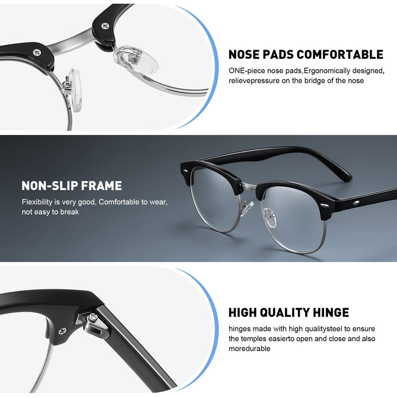 Blue Light Blocking Glasses Vintage Half Frame UV Clear Lens Anti Eyestrain Computer Gaming Glasses for Women Men A01-matte Black Silver Frame