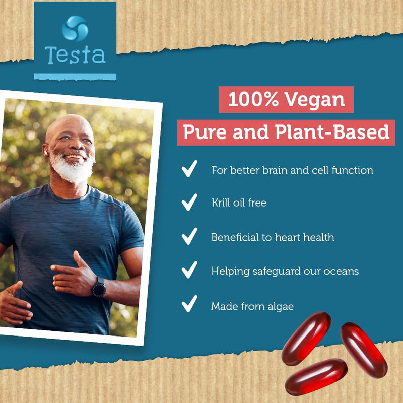 Testa Omega 3 Vegan Krill Supplement-1000mg Softgels, 2 Times More Omega-3, DHA, EPA, Astaxanthin, Phospholipids - Heart, Brain, Eye, Joint Support - Not from Fish, Algae Source - 60 Softgels