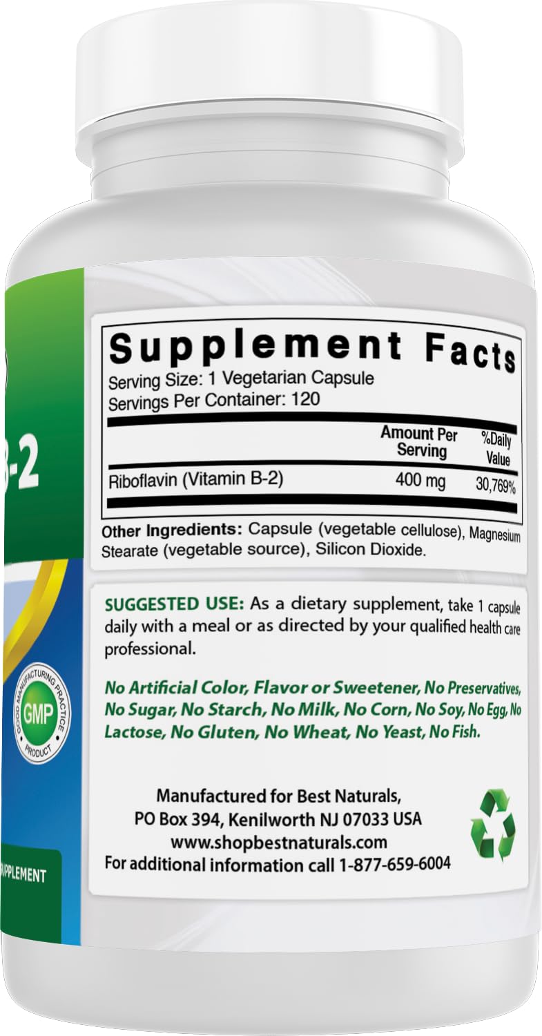 Best Naturals Vitamin B2 (Riboflavin) 400mg - Migraine Relief - Veggie Capsules - Conezyme Precursor - 120 Count (120 Count (Pack of 3)) 120 Count (Pack of 3)