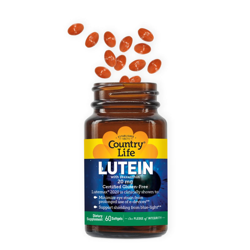 Country Life Lutein 20 mg Supplement - Certified Gluten-Free - Eye Health Support with Lutein and Zeaxanthin - Reduces Eye Strain from Screens - No Yeast, Corn, Wheat, Milk - 60 Softgels
