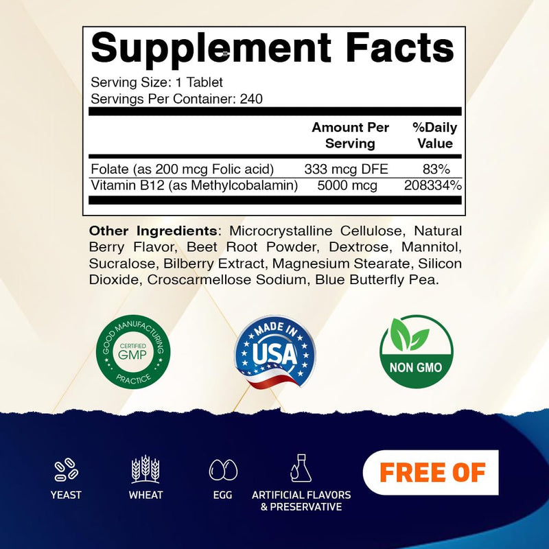 Vitamatic Methyl B12 5000 mcg with Folic Acid – Natural Berry Flavor – 240 Fast Dissolve Tablets – Methylcobalamin Vitamin B12 for Energy & Nervous System Support – Vegan & Non-GMO Supplement