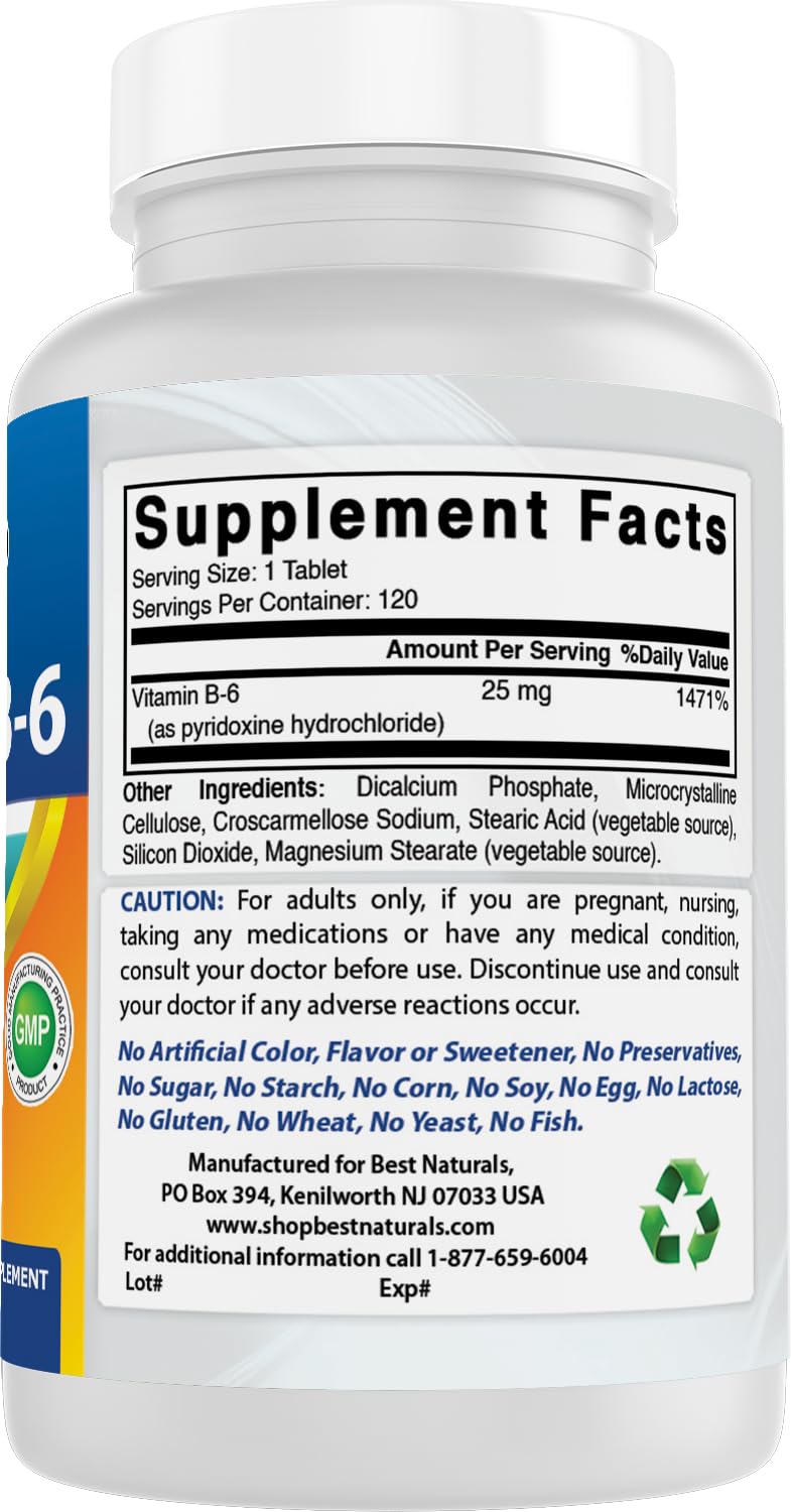Best Naturals Vitamin B6 25mg, 120 Tablets (120 Count (Pack of 1)) 120 Count (Pack of 1)