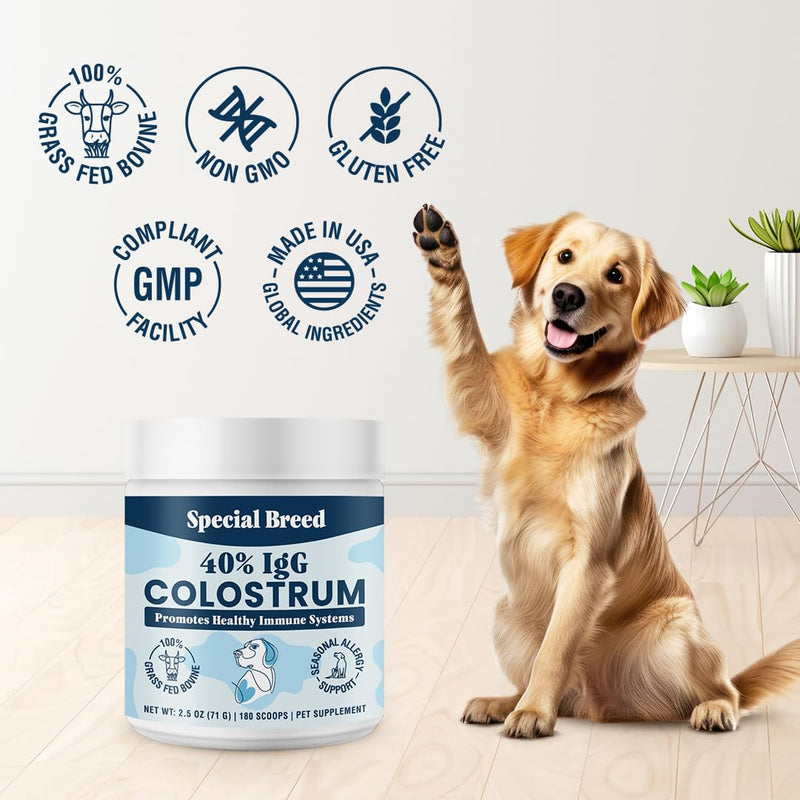 40% IgG Grass Fed Colostrum for Dogs, Third Party Tested High Potency Colostrum Powder, Immune Support, Prebiotic Gut Health, Seasonal Allergy and Itch Relief, Made in USA, 2.5 Oz Bovine 40% IgG 180 Scoops
