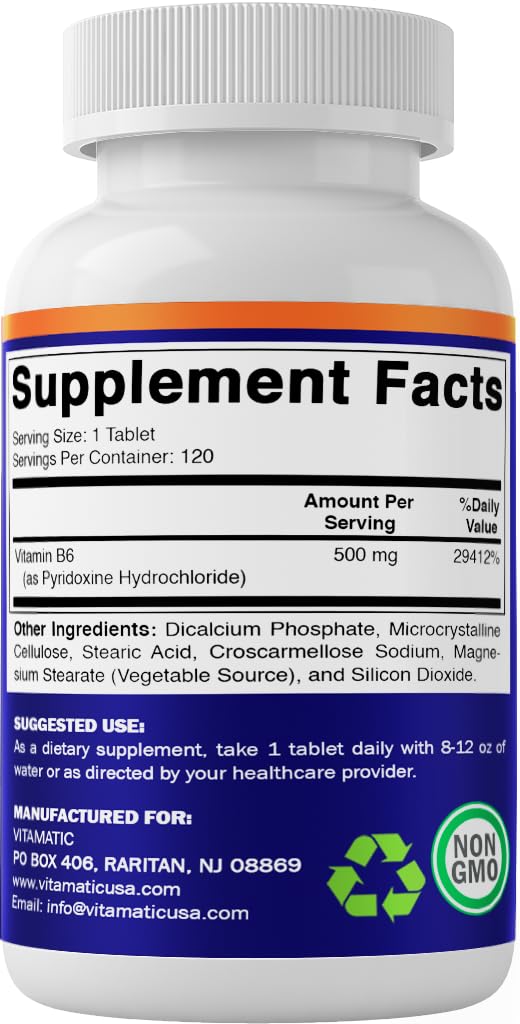 Vitamatic Vitamin B6 (Pyridoxine HCI), 500 mg – 120 Vegetarian Tablets Promotes Energy Production, Boosts Metabolism & Immune Health Support (Pack of 2) 120 Count (Pack of 2)