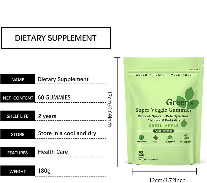 WonderGreens Super Greens Gummies with Probiotics & Multivitamins,Green Apple Veggie Gummies for Energy Gut & Immune Support Gummy 60 Count