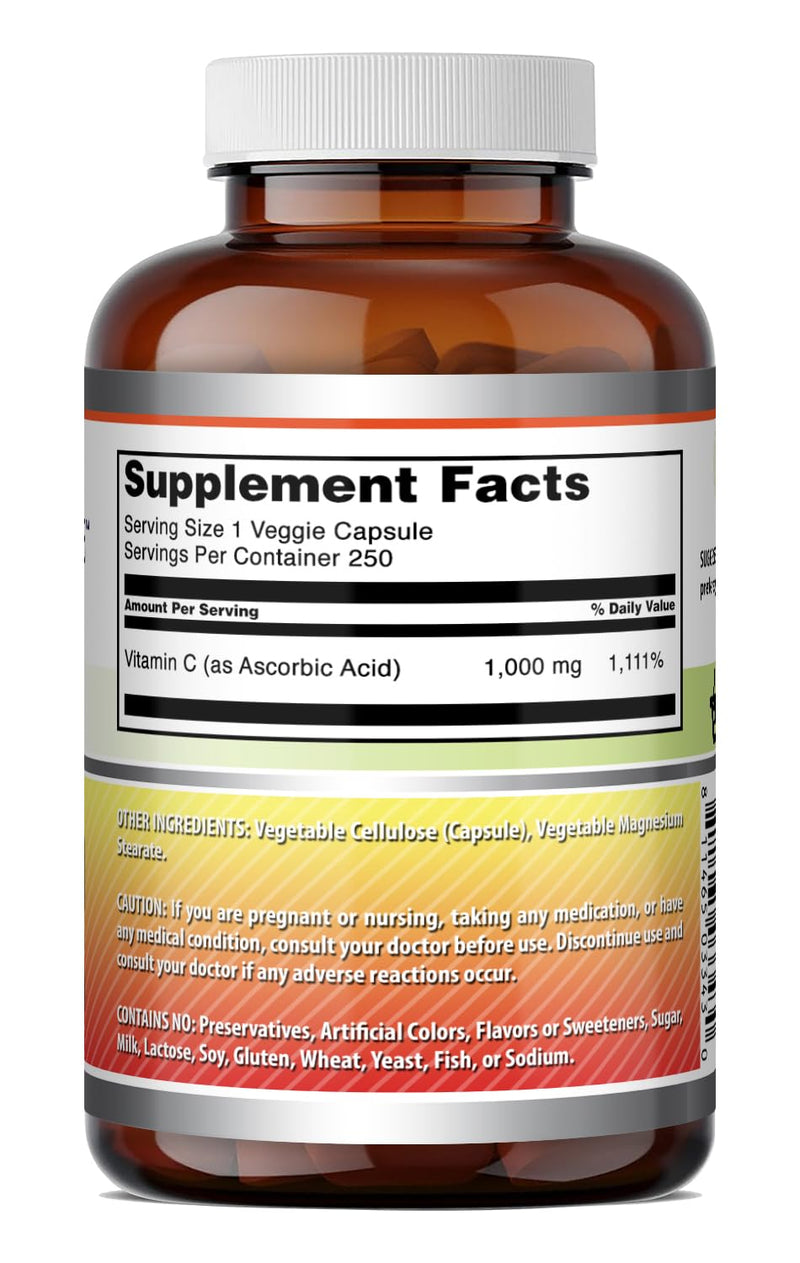 Amazing Formulas Vitamin C Supplement | 1000 Mg | Veggie Capsules | Non-GMO | Gluten-Free | Made in USA (1 Pack, 250 Count) 250 Count (Pack of 1)