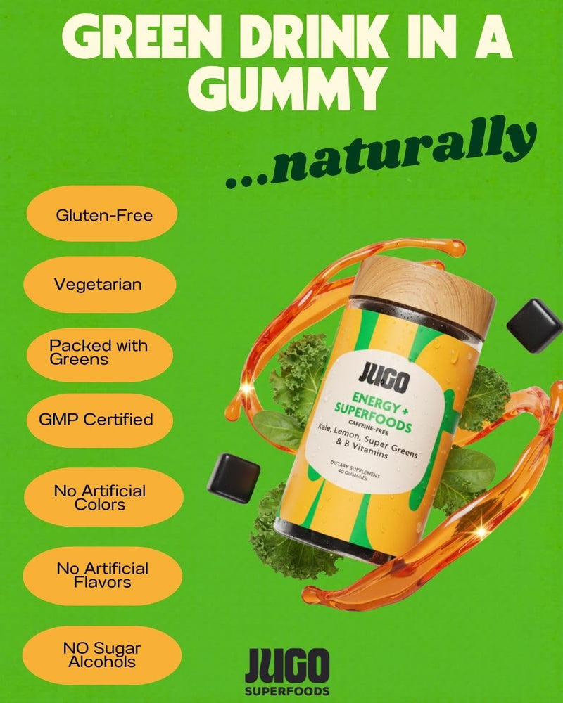 JUGO Energy + SUPERFOODS Vitamin B12 Gummies with Kale & Super Greens, Caffeine-Free Pre-Workout Energy Gummies, Vegetarian-Friendly, Gelatin-Free and Gluten-Free, Non-GMO, Made in USA, 40 Count