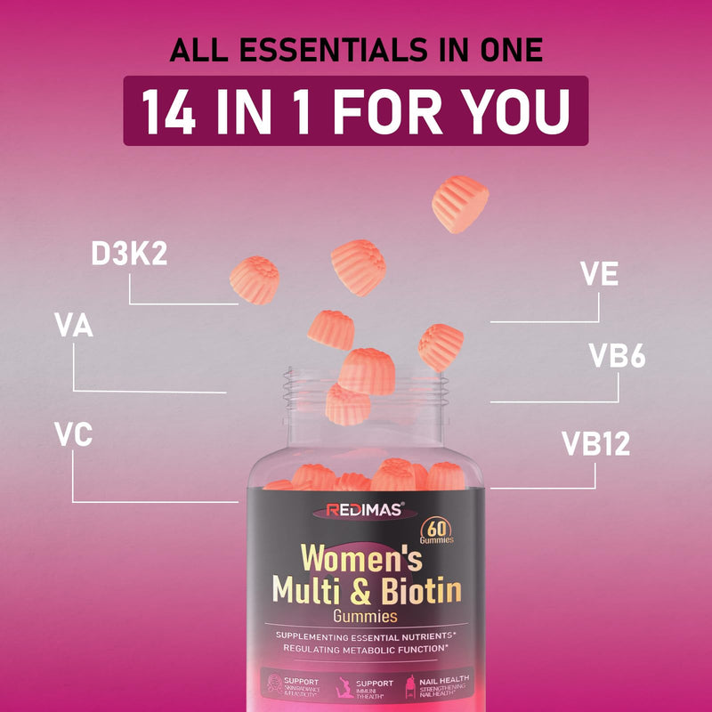 Multivitamin Gummies for Women, Mix Berry Flavor Gummy, 60 Count | Vitamin Blend with Vitamins A, B, C, D, E, K2 and Biotin, Daily Energy Support, Chewable Format for Nutrition Routine
