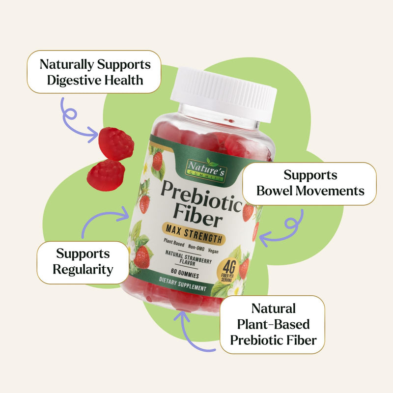 Prebiotic Fiber Gummies - 4g Dietary Fiber Per Serving - Extra Strength Daily Supplement for Adults - Tasty Strawberry Flavor - Plant Based Digestive and Regularity Support - 60 Gummies
