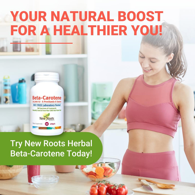 NEW ROOTS HERBAL Beta-Carotene 25,000 IU Supplements | Vitamin A (90 Softgels) | Full Spectrum of Carotenoids | Naturally Sourced from Non-GMO Red Palm Fruit + Organic Flax Seed Oil